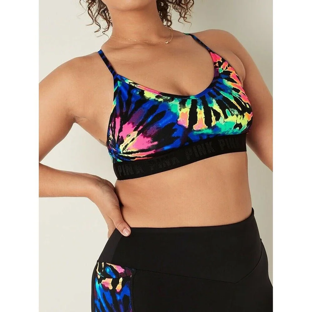 Vs Victorias Secret Pink Ultimate Lightly Lined Sport Bra Top Rainbow Tie Dye XL - Picture 4 of 7